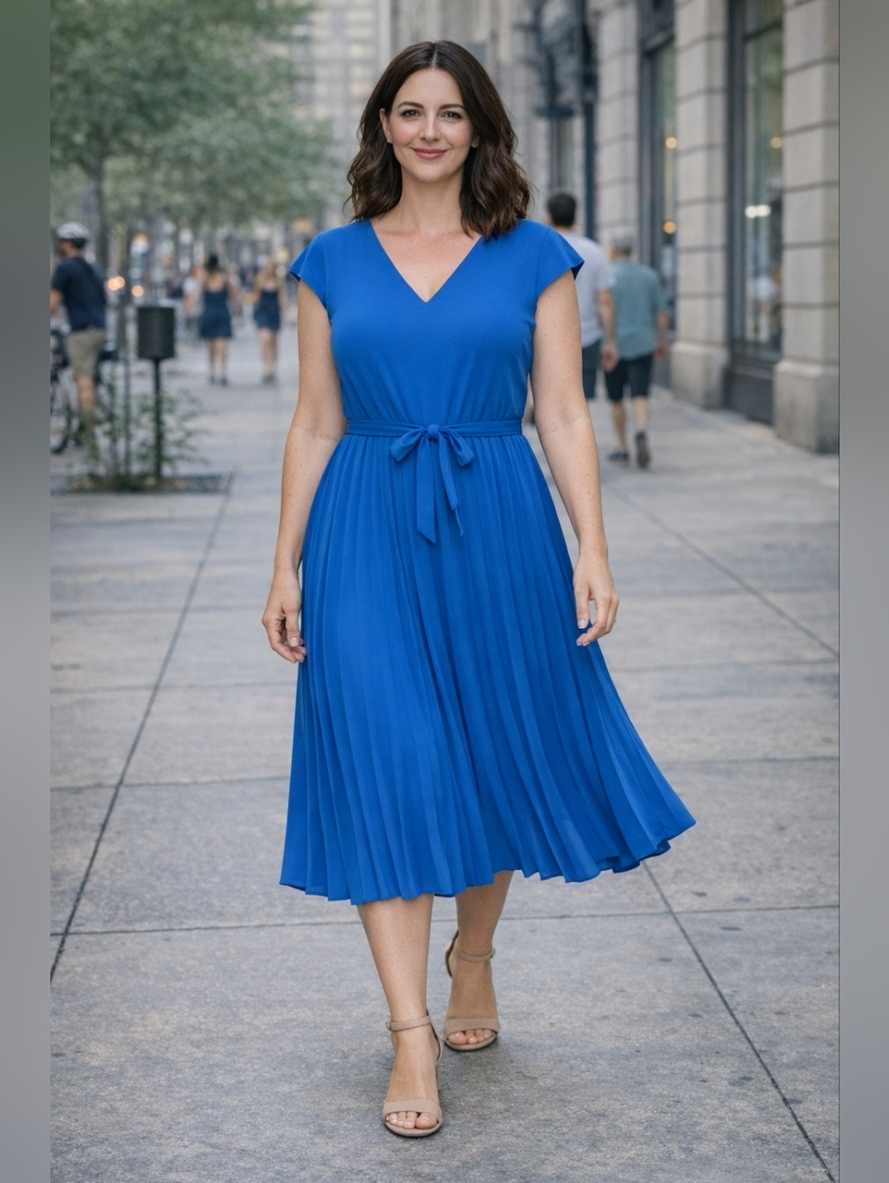 Jones New York Vibrant Blue V-Neck Pleated Midi Dress with Tie Waist